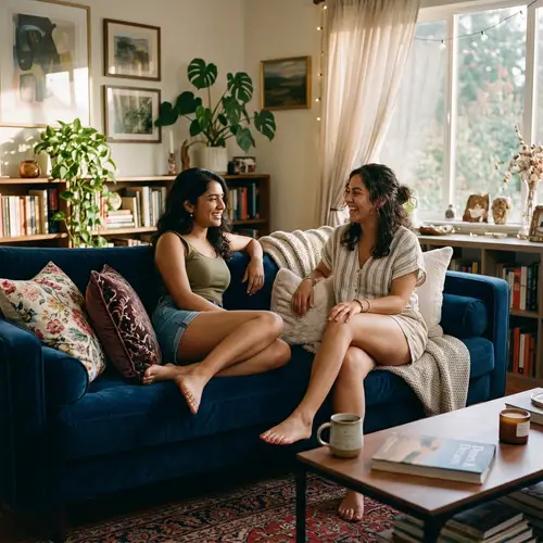Luxurious Velvet Couch with Two Young Women in Shorts