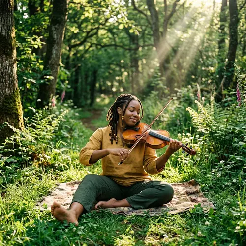 Tranquil Scene in Nature with Young Black Woman Playing Violin