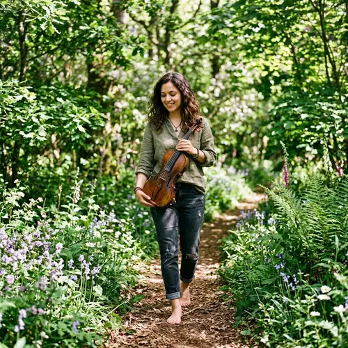 Barefoot Young Woman with Violin in Nature | Peaceful Hispanic Beauty