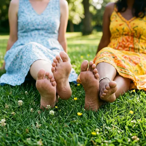 Barefoot Women in Park Relaxing on Green Grass