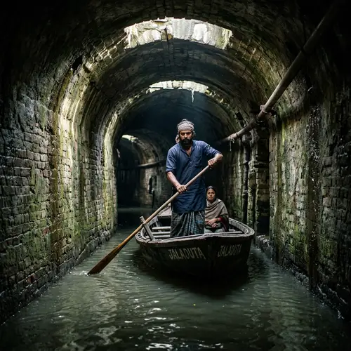 South Asian Gondolier Navigating Dark Sewer Tunnel