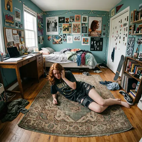 Red-Haired Teen Girl in Distressed Denim Shorts | Urban Adolescence Vibe