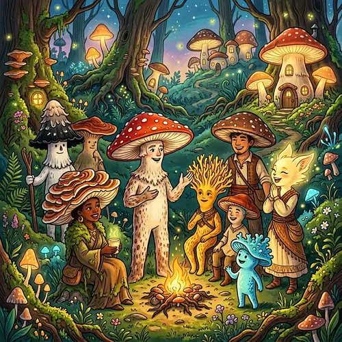 Whimsical Fungus People Fantasy Scene