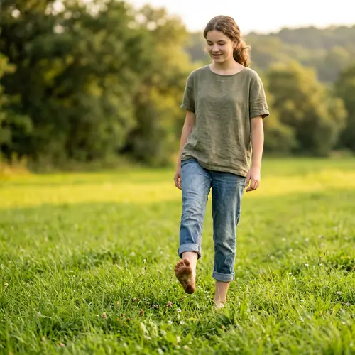 Teen Girl Stepping Barefoot on Soft Grass | Nature Connection