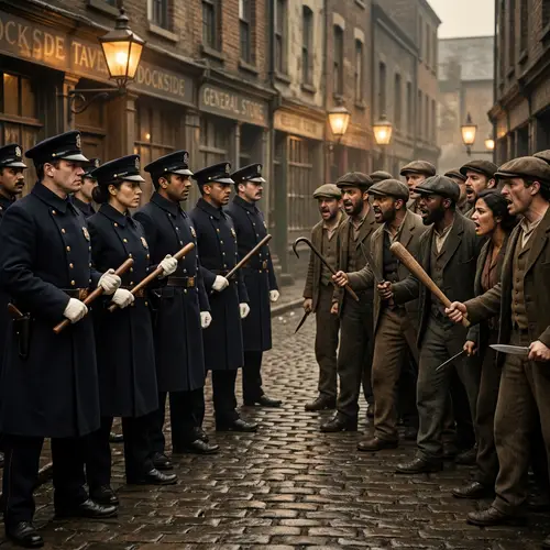 1900s Police Standoff: Tension on Cobblestone Streets