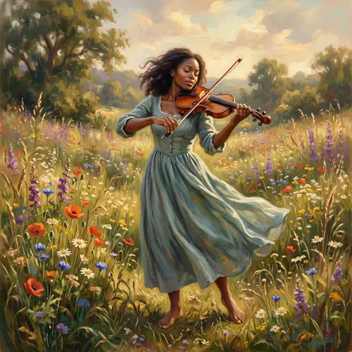 Black Woman Playing Violin in Wildflower Field | Fine Art Photography