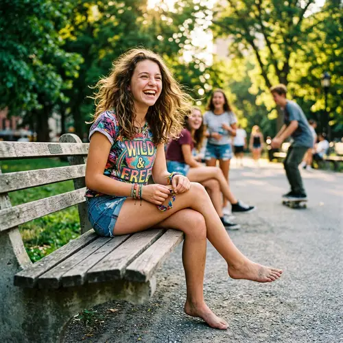 Energetic Youth Culture: Vibrant Teenage Girl Smiling Barefoot