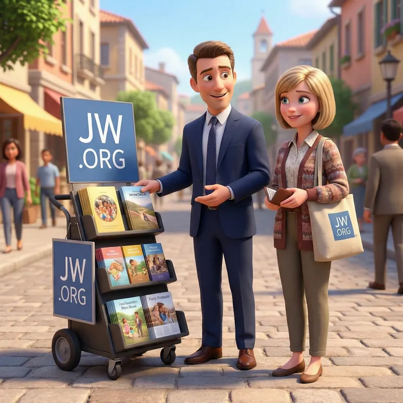 Pixar-Style Illustration of Jehovah's Witnesses