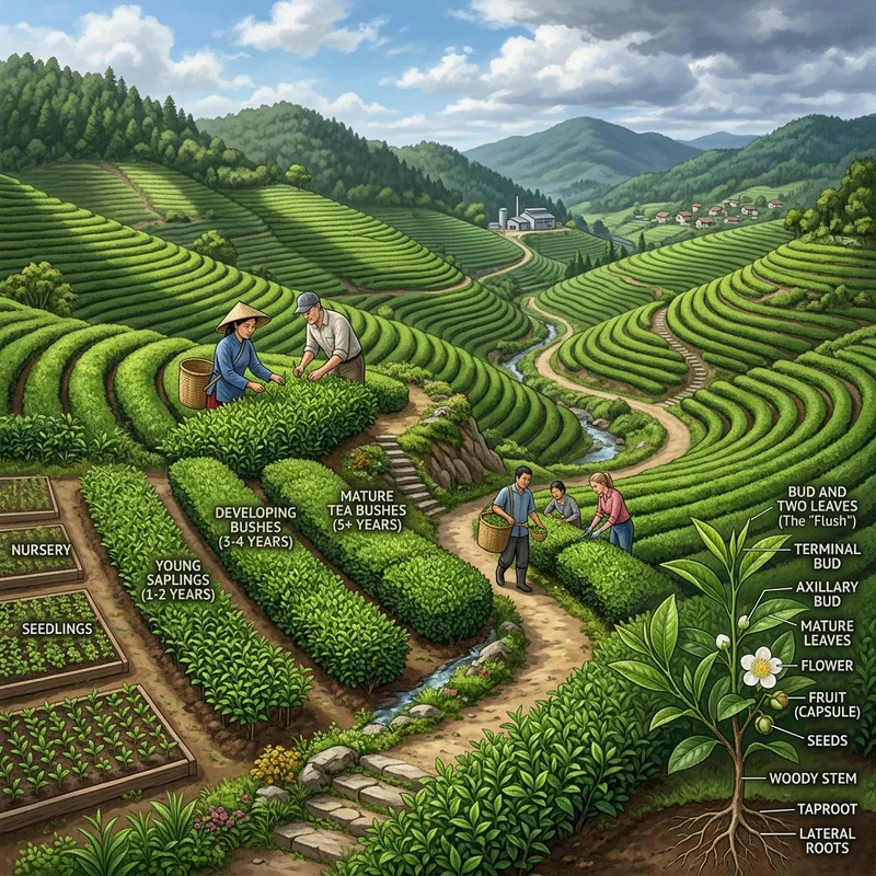 Detailed Tea Plantation Illustration with Diverse Workers - Scientific Illustration