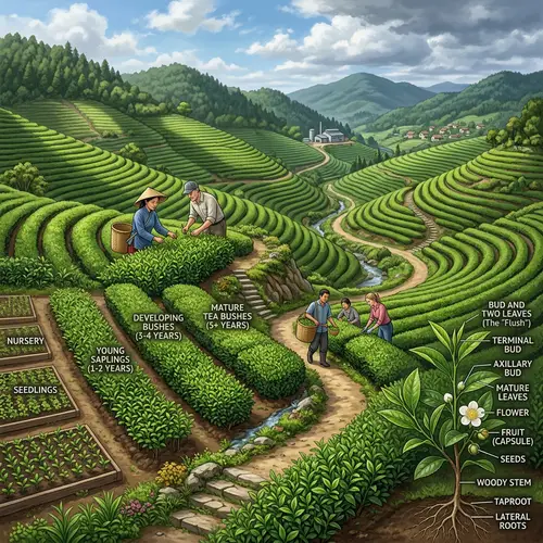 Detailed Tea Plantation Illustration with Diverse Workers