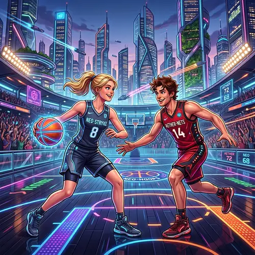 Futuristic Basketball Game Illustration with Happy Players