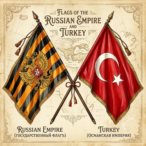 Russian Empire and Turkey Flags Crossed Illustration