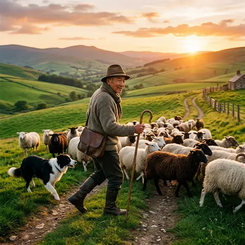 Asian Shepherd Guiding Diverse Flock of Sheep in Idyllic Landscape
