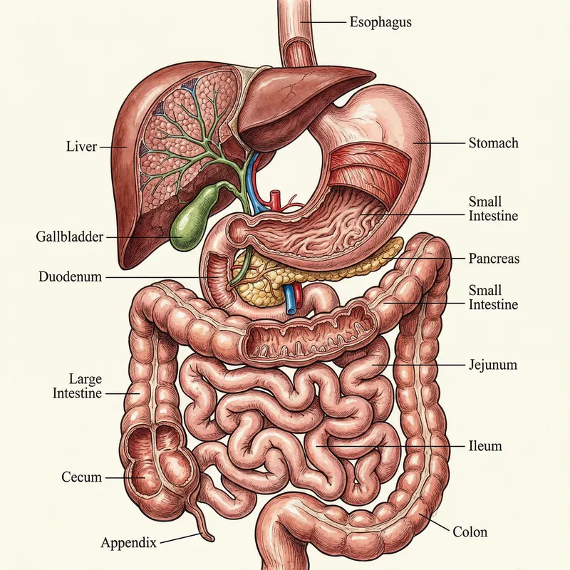 Detailed Human Digestive System Anatomy Illustration