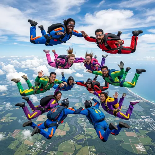 Multiracial Skydiving Crew Soaring Through Vast Blue Sky