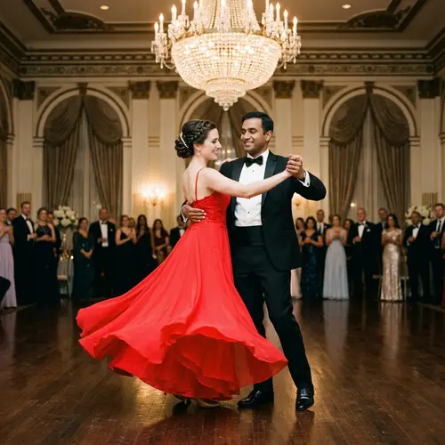 Graceful Waltz Dance: Elegant Couple on Polished Wooden Floor