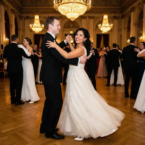 Elegant Waltzing Couple in Classic Black Tuxedo and White Dress