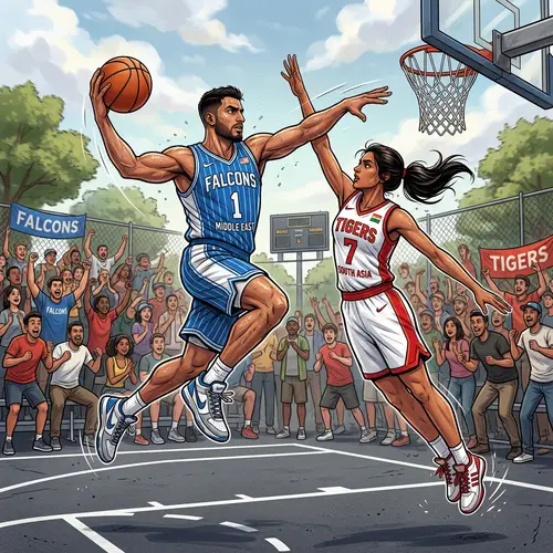Dynamic Basketball Game Moment: Middle-Eastern Man vs South Asian Woman