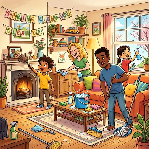 Spring Cleaning Cartoon: Multicultural Family in a Cheerful Living Room