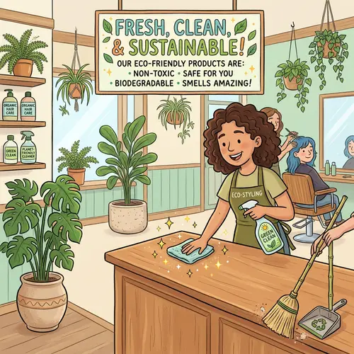 Eco-Friendly Salon Cleaning: Benefits illustrated in Cartoon Style