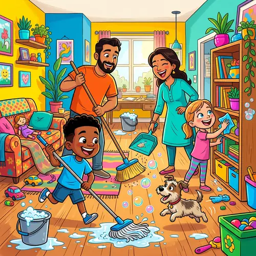 Cheerful Family Cleaning | Cartoon-style Home Cleanup