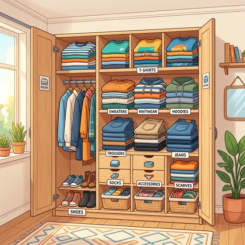 Neatly Organized Wardrobe Illustration - Clothing Folding Art
