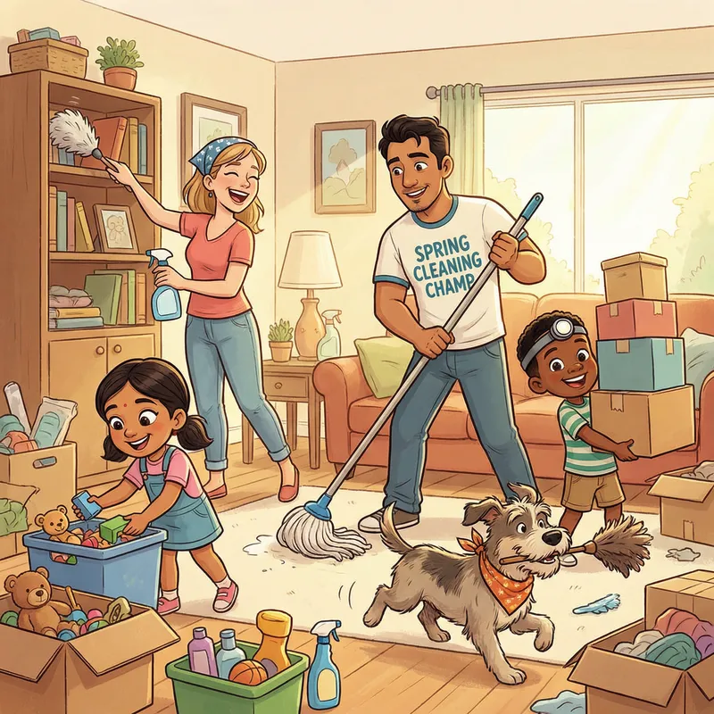 Spring Cleaning Cartoon: Family of 4 Cleaning with Dog