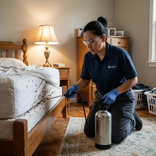 Hispanic Female Cleaner Battling Bedbugs in Bedroom