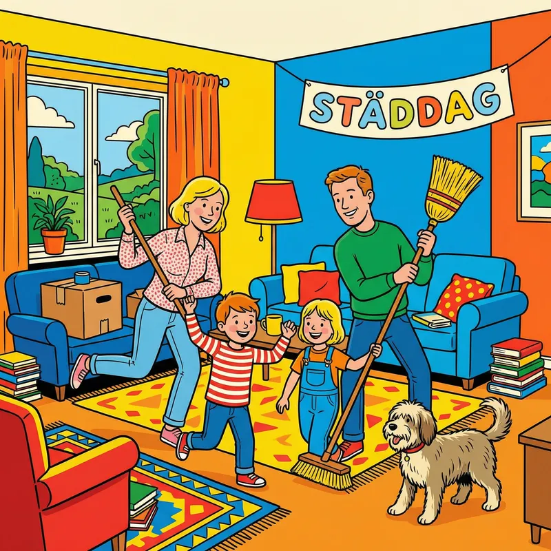 Cheerful Family Cleaning Together in Cartoon Pop Art Style
