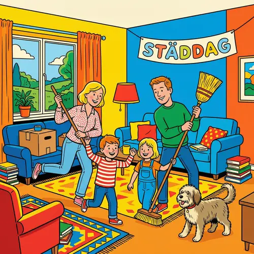 Cheerful Swedish Family Cleaning in Pop Art Living Room