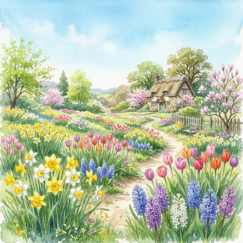Spring Flowers Watercolor Scene | Serene and Peaceful Imagery