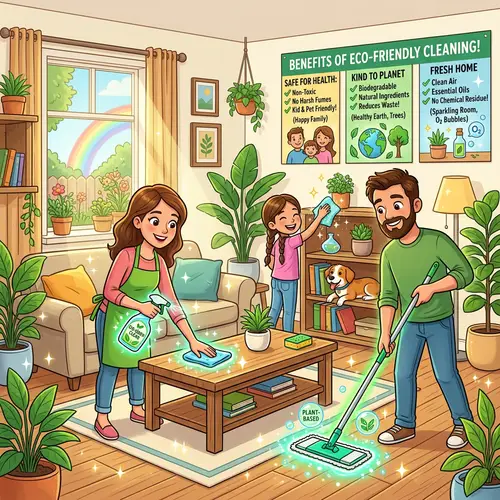 Eco-Friendly Family Home Cleaning | Benefits in Cartoon Style