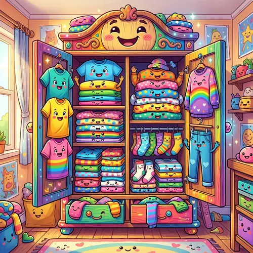 Magical Colorful Cartoon Wardrobe Overflowing with Playful Clothes