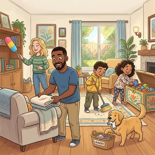Happy Family Cleaning - Cartoon Style Scene of Joyful House Cleaning