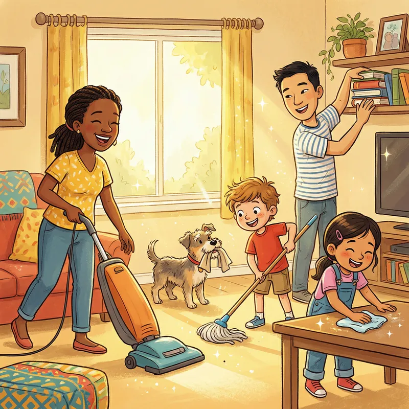 Vibrant Family Cleaning Home | Joyful Cartoon Scene