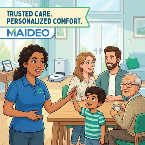 Professional Housekeeper Interacting with Diverse Family | Maideo Services