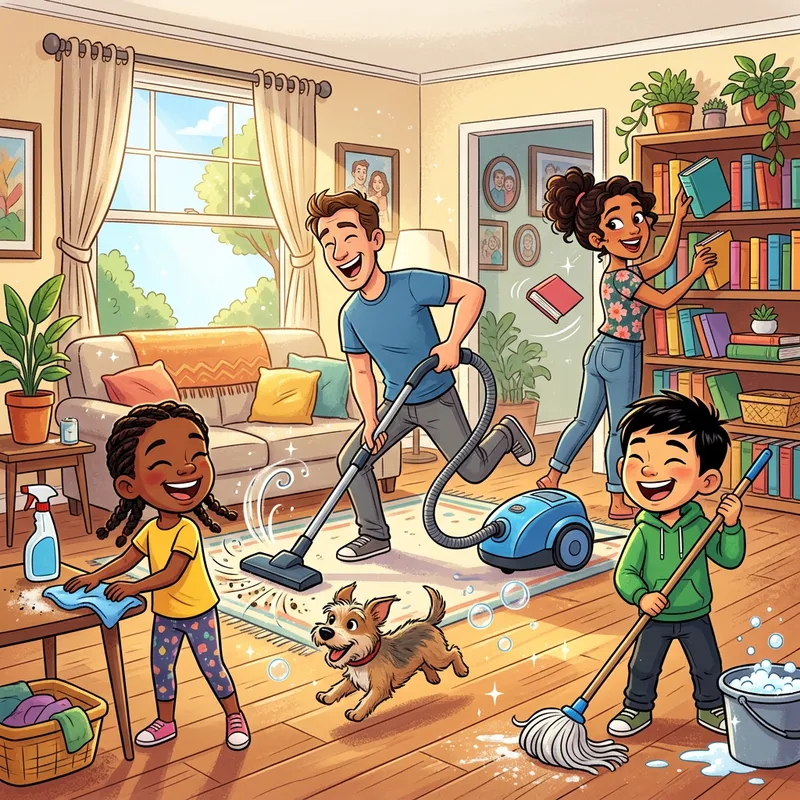 Vibrant Family Cleaning Scene with Joy & Enthusiasm