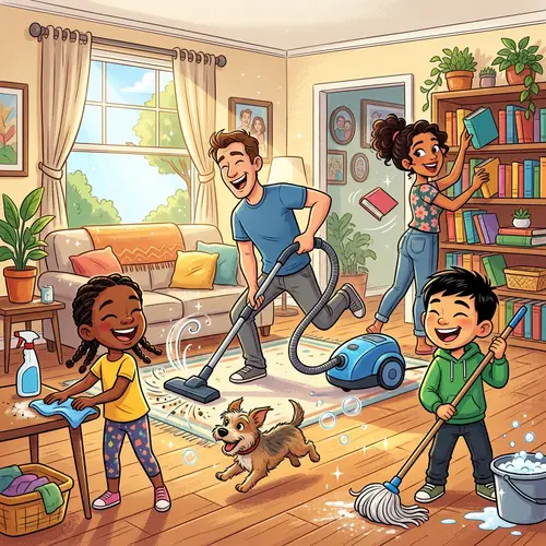 Lively Animated Family Cleaning Home with Joy & Enthusiasm