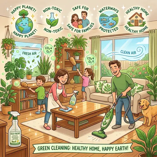 Eco-Friendly Family Home Cleaning | Sustainable Lifestyle Cartoon