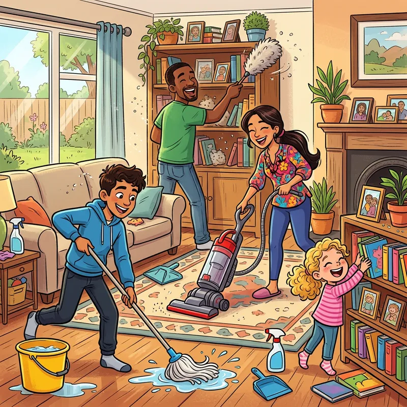 Exciting Family Home Cleaning Scene | Vibrant Cartoon Illustration