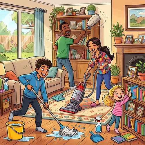 Lively Family Home Cleaning | Joyful Cartoon Illustration