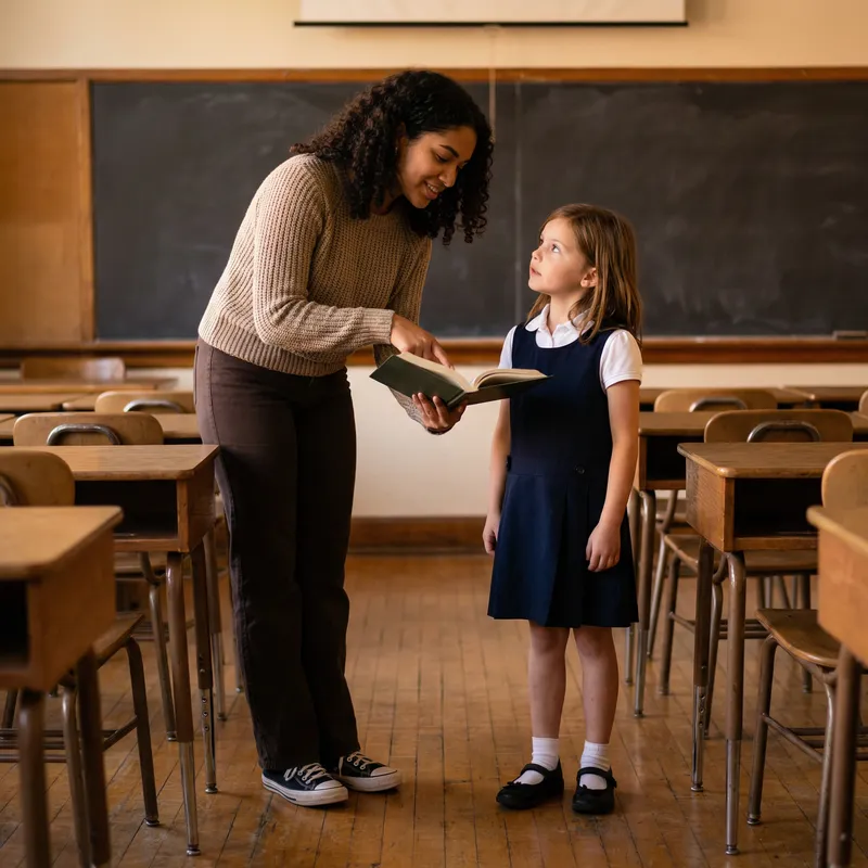Hispanic Teacher and Student in Classroom