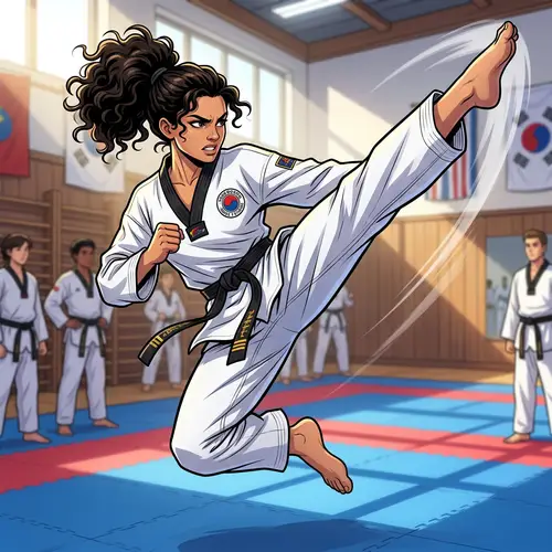 Middle-Eastern Female Demonstrating High Taekwondo Kick