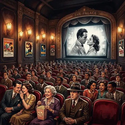 Vintage Cinema Scene Illustration with Diverse Moviegoers