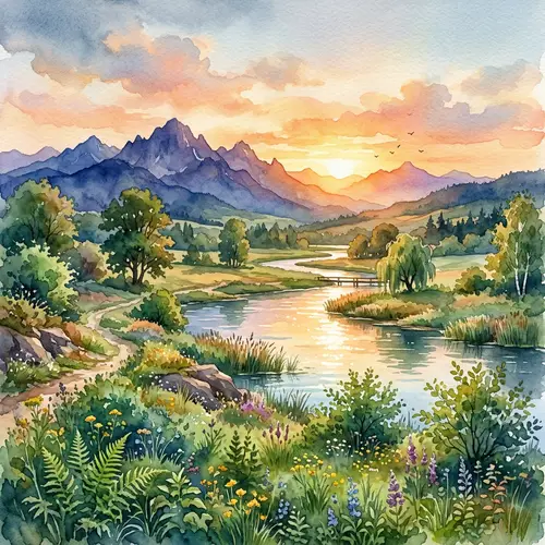 Nature Landscape Watercolor Painting with Lush Vegetation and Majestic Mountains