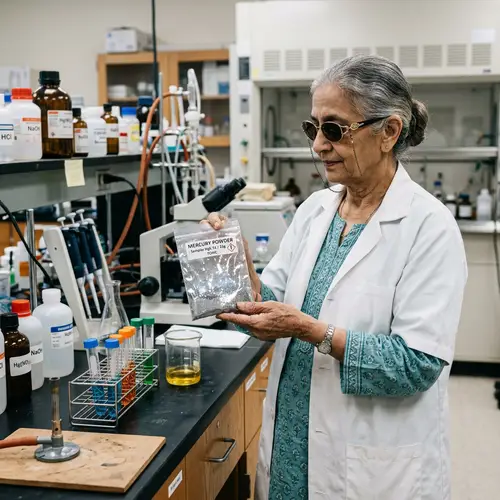 Elderly South Asian Woman with Mercury Powder in Laboratory
