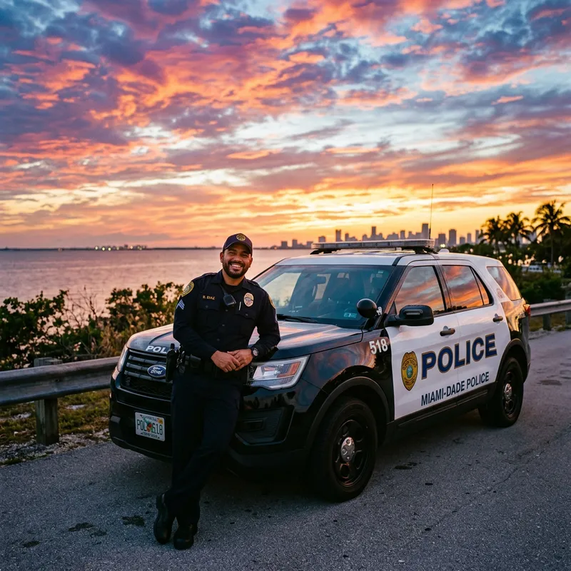 Hispanic Male Police Officer Poses with American Scout Car at Sunset with Colorful Background