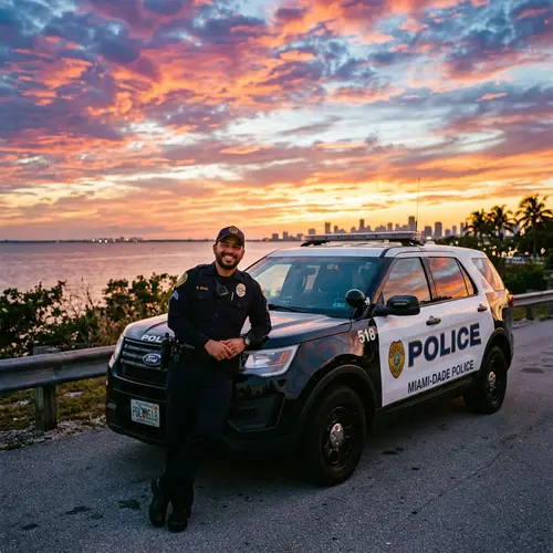 Hispanic Male Police Officer Poses with American Scout Car at Sunset