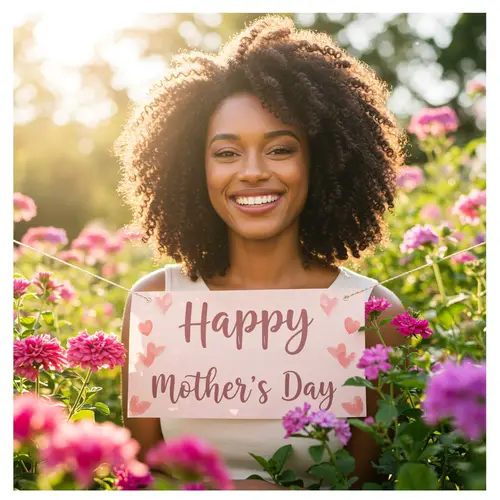 Happy Mother's Day: Joyful Black Woman in Blooming Garden