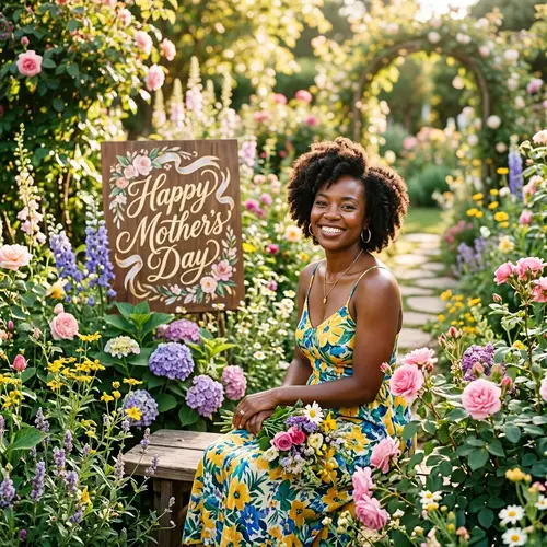 Happy Mother's Day: Joyful Black Woman in Blooming Garden
